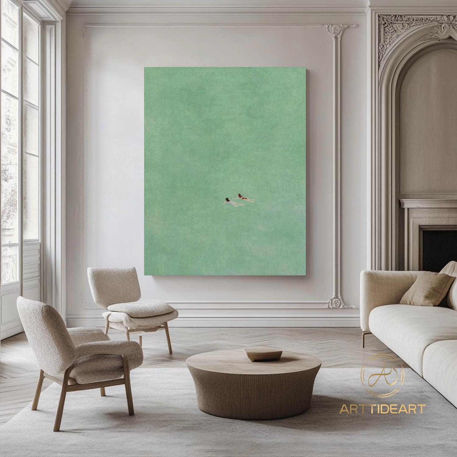 Swiming into the sea green ocean painting vintage retro painting green minimalist painting landscape painting holiday style wall art