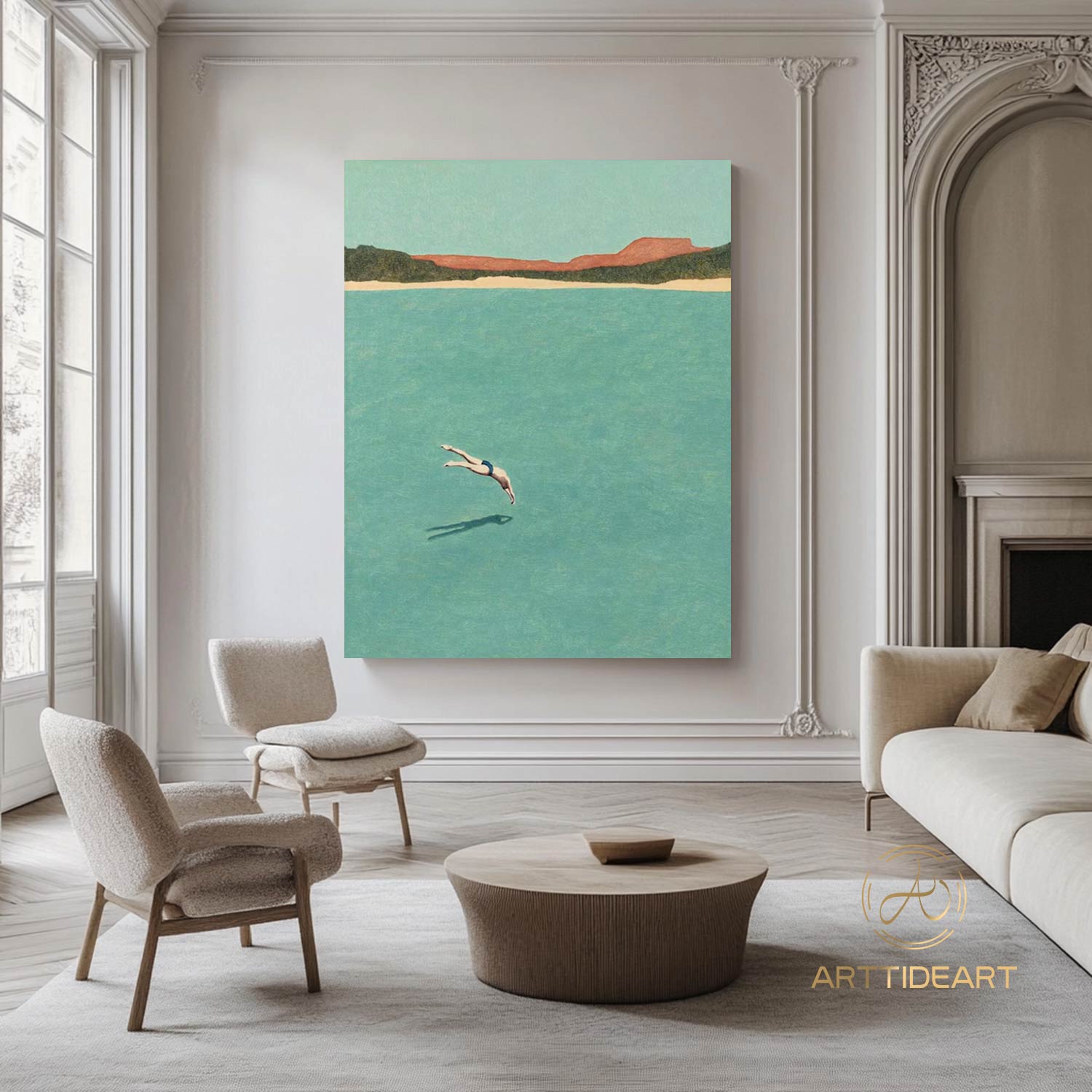 A man diving into the sea green ocean painting vintage retro painting green minimalist painting landscape painting holiday style wall art
