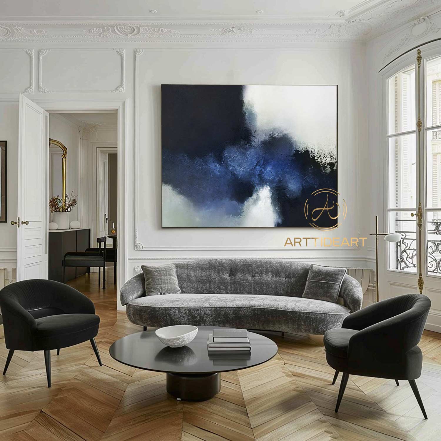 blue abstract painting Blue white Textured Painting large abstract black and white painting office wall decor acrylic painting blue wall art