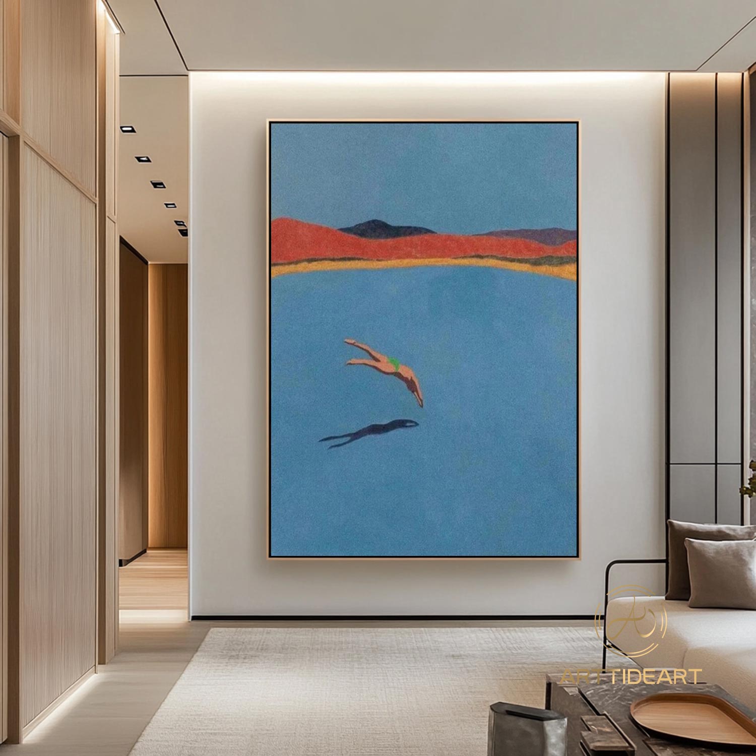 A man diving into the sea blue ocean painting vintage retro painting blue minimalist painting landscape painting holiday style blue wall art