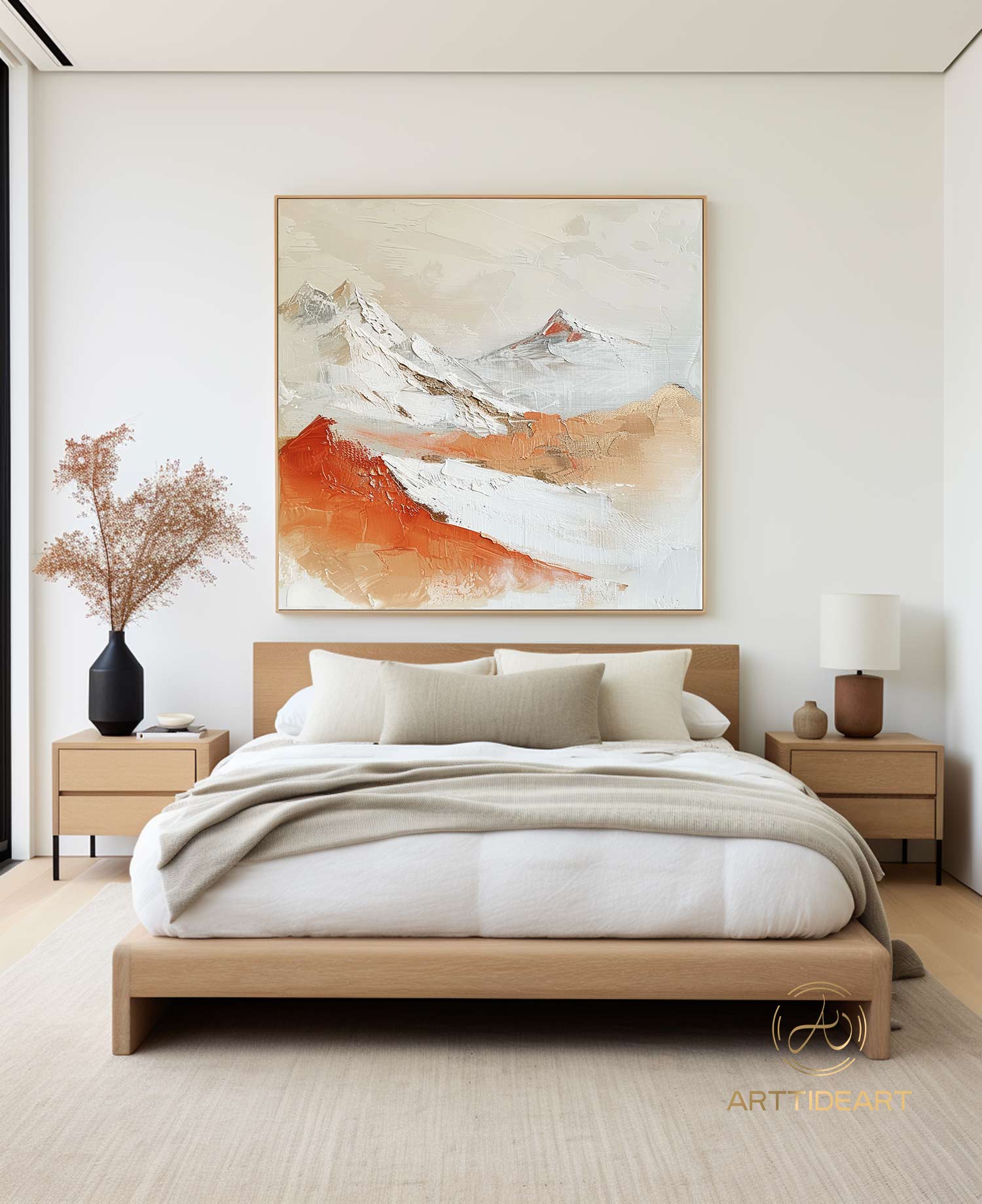 Original 3D Beige Mountain Painting on Canvas Framed Plaster Style Textured Wall Art Orange Wabi-Sabi Living Room Decor Boho Modern Canvas