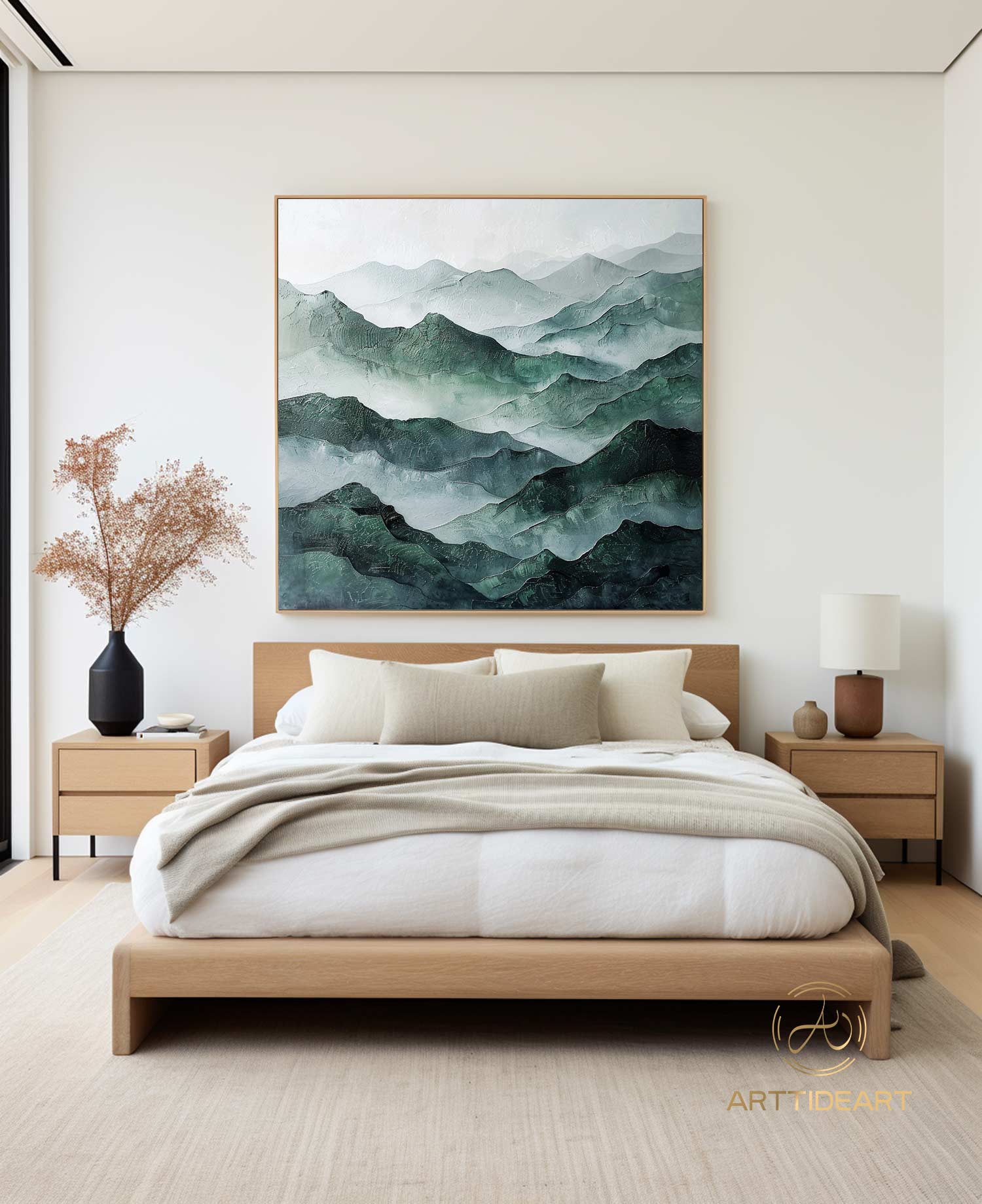 Large Abstract Oil Painting on Canvas Mountain River Landscape Painting Modern Texture Wall Art Original Green Wall Art Custom Gift Painting