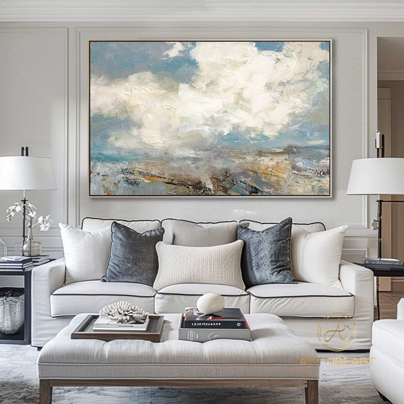 Extra Large Abstract White Cloud Painting,Blue Sky Art Original Seaside Landscape Painting Sky And Sea Art canvas painting for living room