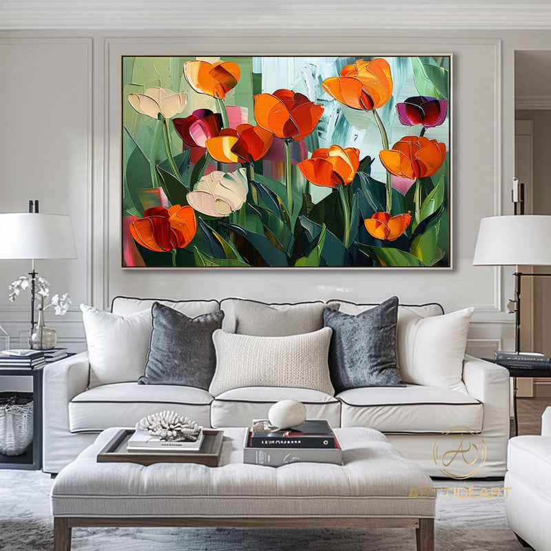 Colorful Floral Canvas Art, Vibrant Flower Painting on Canvas, Textured Acrylic Painting, Impasto Cheerful Floral Art, Living Room Wall Art