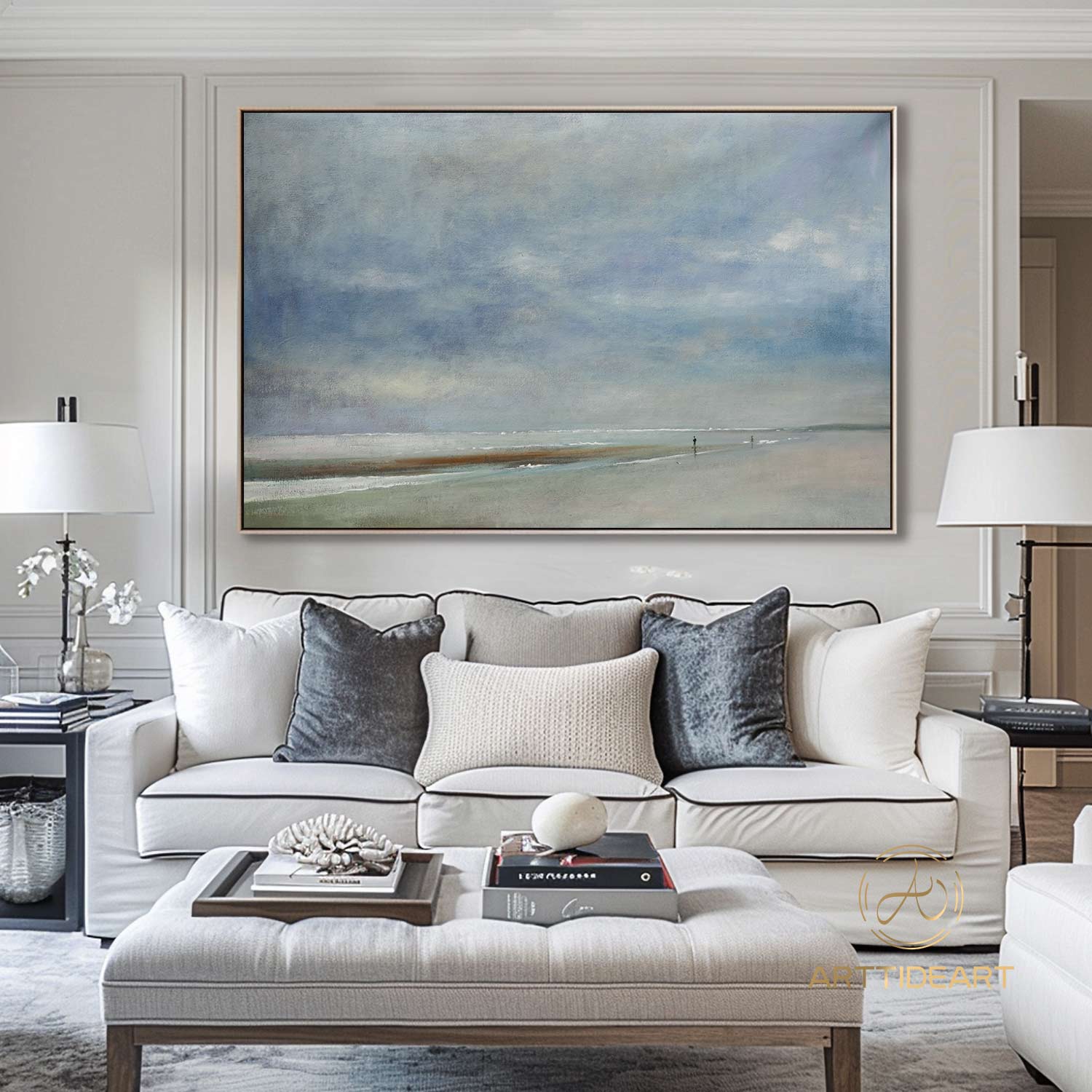 Sky And Sea Painting beach Abstract acrylic Painting Original Abstract Coastal painting Landscape Canvas Art Large White Cloud Painting