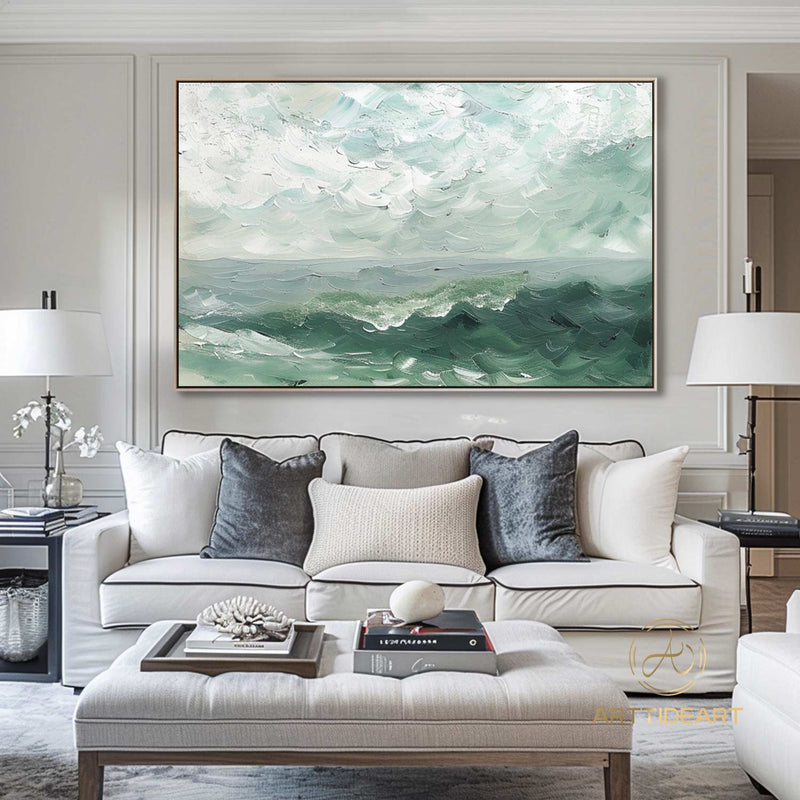 Large Sky And Sea Painting White Cloud Minimalist Painting Green Landscape Abstract painting Ocean Abstract Painting Living Room Wall Art