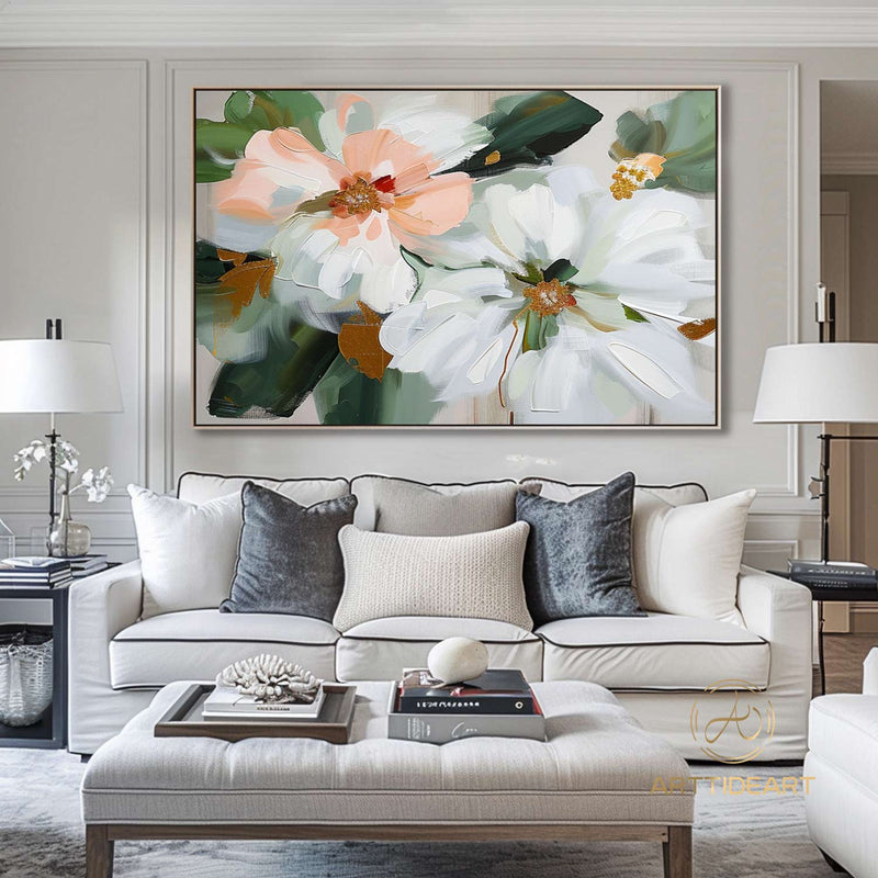 Original Flower Oil Painting On Canvas,Large Wall Art, Abstract White Floral Landscape Painting,Custom Painting, Modern Living Room Decor