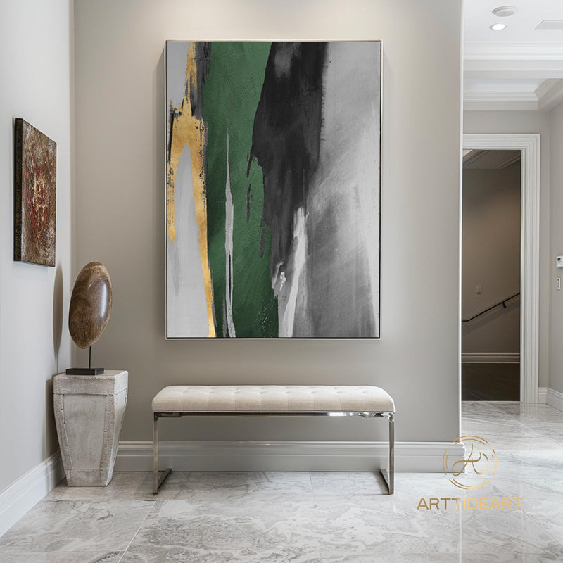 Large Acrylic Abstract Painting Original Green And Gold Canvas Art Gold Leaf Artwork Extra Large Modern Abstract Paintings For Living Room