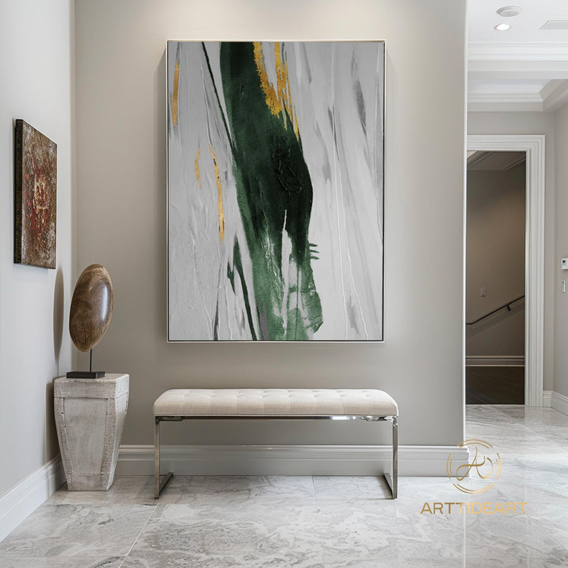 Original Green And Gold Abstract Painting Large Gold leaf Framed Canvas Art Minimalist Abstract Painting Huge Abstract canvas Painting