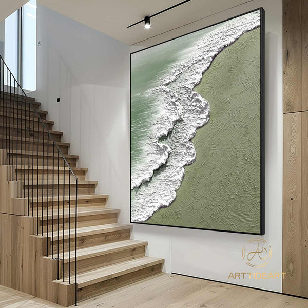 Green 3D Textured Sea Art White Waves Wabi-Sabi Minimalist Canvas Texture Art Beach Painting Mural Ocean Wave Canvas Wabi-Sabi Wall Art