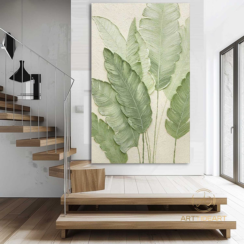 Large Green Leaf Textured Painting on Canvas Green Minimalist Wall Art Leaf Landscape Painting Green Minimalist Painting Boho Wall Art Decor