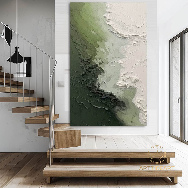 3D Green Minimalist Beach Painting Textured Wall Art Ocean Wave Painting on Canvas Wabi-Sabi Wall Art Living Room Painting Fashion Decor