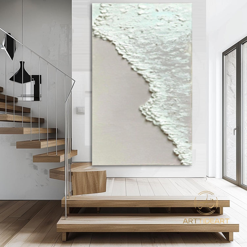 Large Textured Beach Acrylic Painting Framed 3D White Wave Canvas Painting Abstract Ocean Wave Art Coastal Wall Art Beach Pastel Room Decor