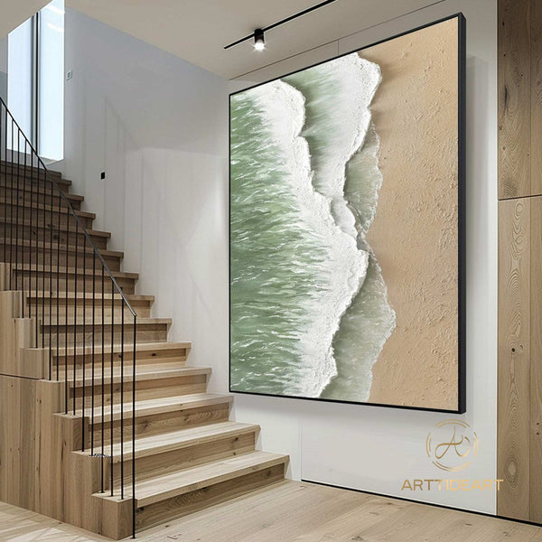 Large Green Coastal Wall Decor Abstract Green Beach Painting Acrylic Framed Ocean Wave Canvas Painting 3D Texture Abstract Beach Canvas Art