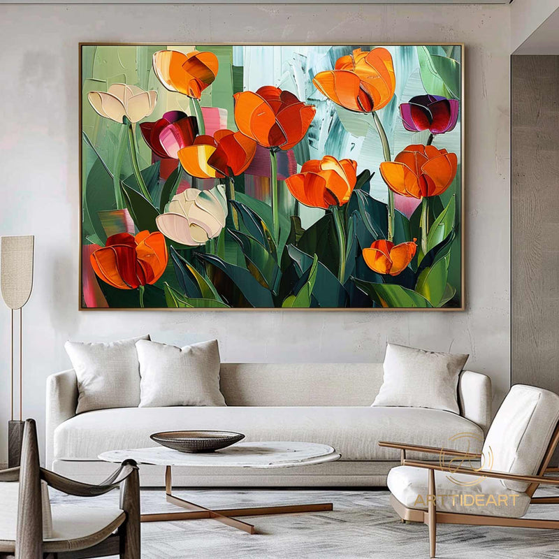 Colorful Floral Canvas Art, Vibrant Flower Painting on Canvas, Textured Acrylic Painting, Impasto Cheerful Floral Art, Living Room Wall Art