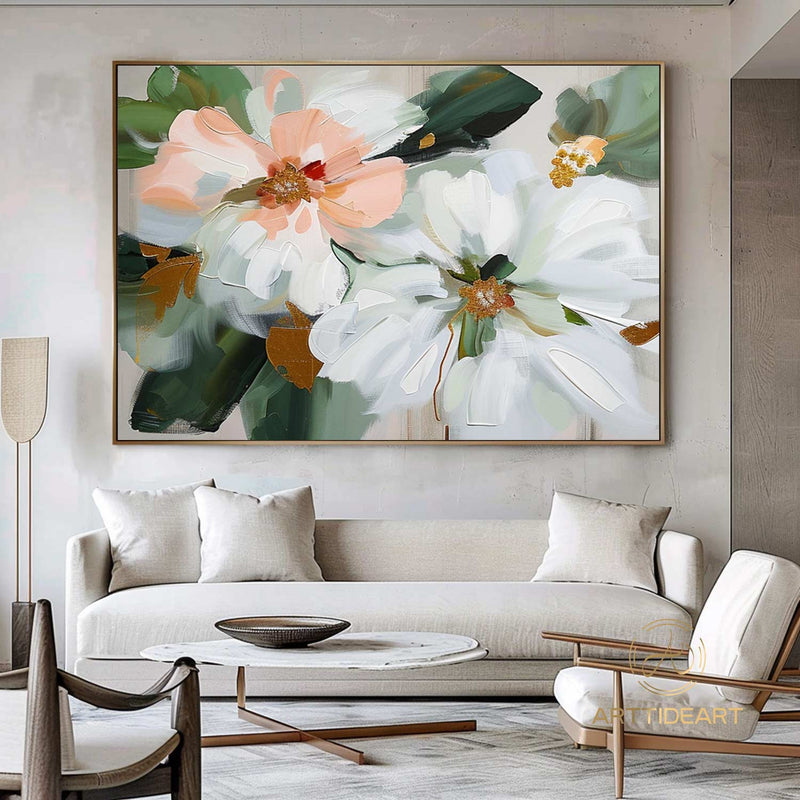 Original Flower Oil Painting On Canvas,Large Wall Art, Abstract White Floral Landscape Painting,Custom Painting, Modern Living Room Decor