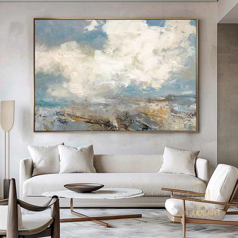 Extra Large Abstract White Cloud Painting,Blue Sky Art Original Seaside Landscape Painting Sky And Sea Art canvas painting for living room