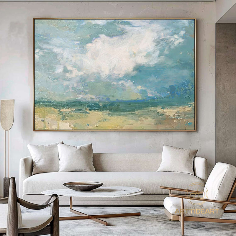 Large Sky And Sea Painting,Cloud Painting,Beach Texture Painting,Turquoise Sky Painting,abstract landscape Art,Wall Painting For Living Room