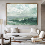 Large Sky And Sea Painting White Cloud Minimalist Painting Green Landscape Abstract painting Ocean Abstract Painting Living Room Wall Art