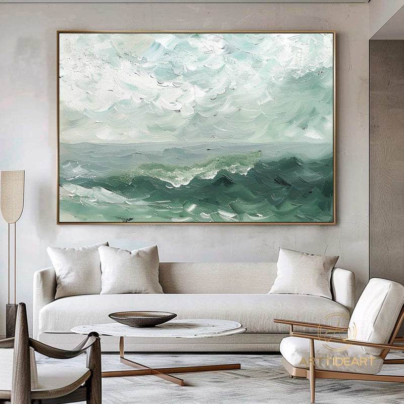 Large Sky And Sea Painting White Cloud Minimalist Painting Green Landscape Abstract painting Ocean Abstract Painting Living Room Wall Art