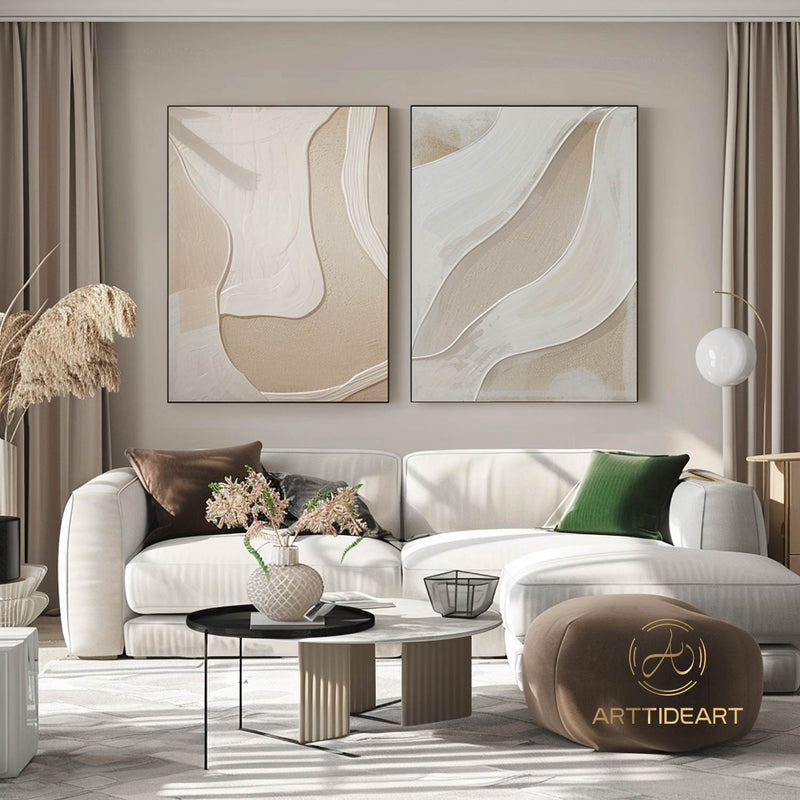 Beige 3D Texture Painting on Canvas Set of 2 Beige Abstract Art Wabi Sabi Wall Art Minimalist Wall Art Beige Plaster Art Modern Wall Art