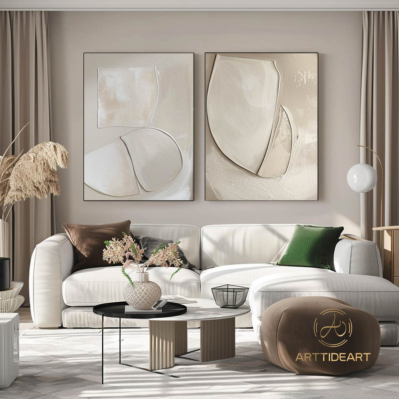 Set of 2 beige 3d textured art for livingroom a pair of pure beige textured wall art 2 piece neutral beige textured canvas art home decor