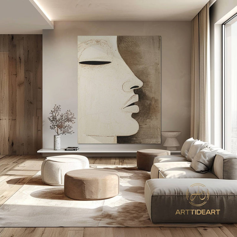 Large Faceless Portrait Painting Abstract Figure Wall Art Beige Brown Texture Painting on Canvas Woman Face Artwork Modern Texture Wall Art