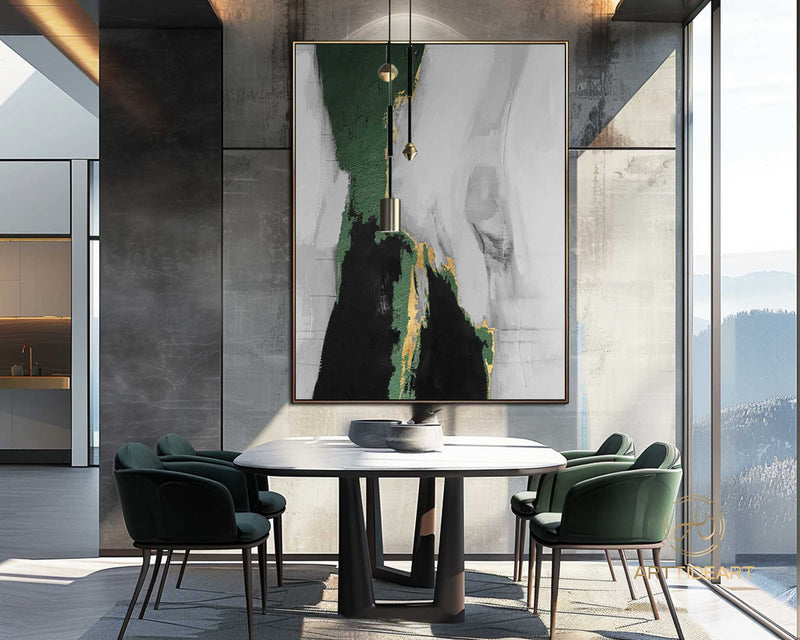 Large Original Abstract Painting Grey Green Gold Leaf Painting Minimalist Abstract Painting Extra Large Wall Canvas Painting For Living Room