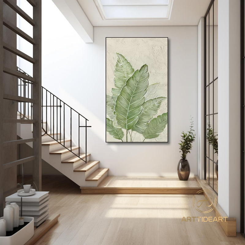 Large Nordic Green Beige abstract wall Green 3D texture painting abstract leaf painting modern living room abstract painting Minimalist Art