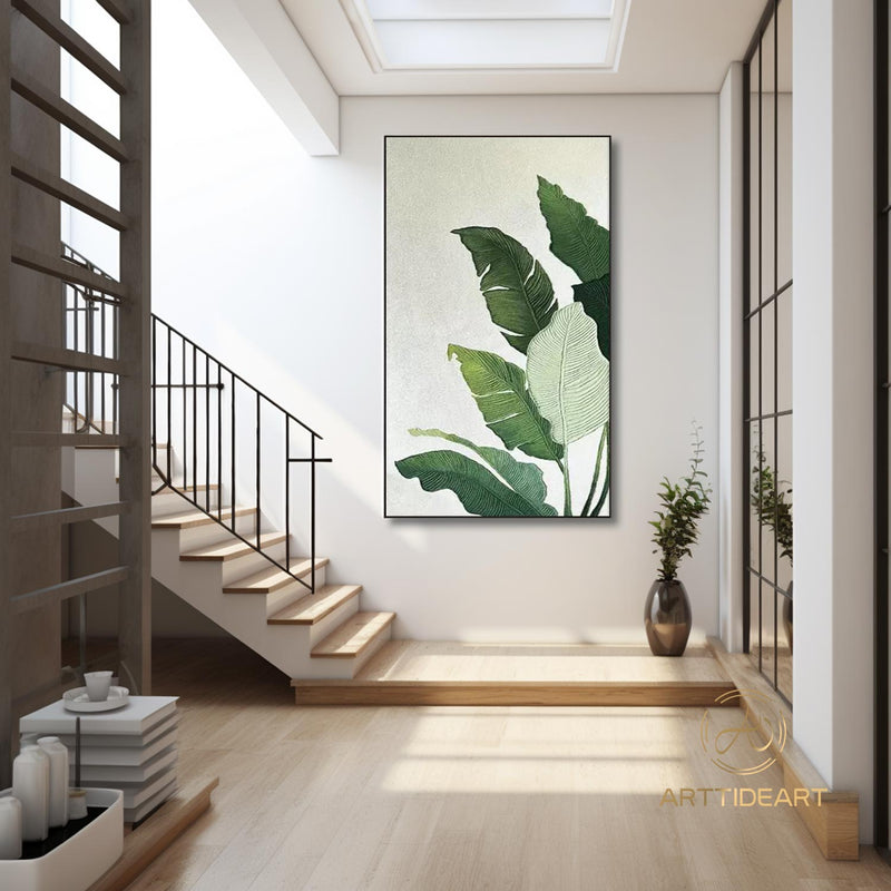 Large Nordic Green Beige abstract wall Green 3D texture painting abstract leaf painting modern living room abstract painting Minimalist Art