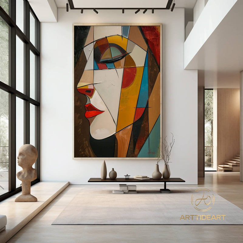 Colorful Woman Face Painting Large Figure Wall Art Female Portrait Textured Painting on Canvas Palette Knife Texture Art Modern Wall Decor