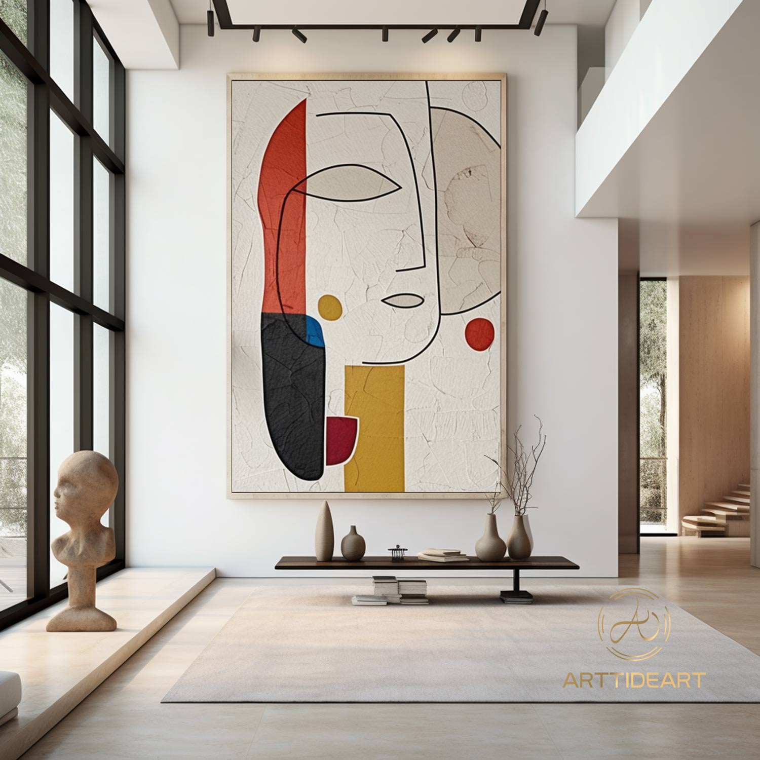 Contemporary Abstract Figure Painting - Minimalist Green and Beige Silhouettes in Modern Art Style Line Abstract Painting Colorful Painting