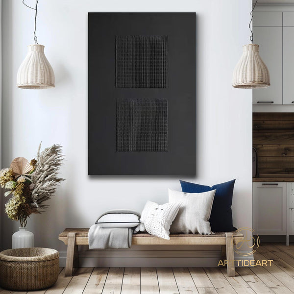 Black 3D Texture Painting Wabi Sabi Wall Art Modern Minimalist Wall Art Large Black Texture Wall Art Mid-Century Modern Minimalist Painting