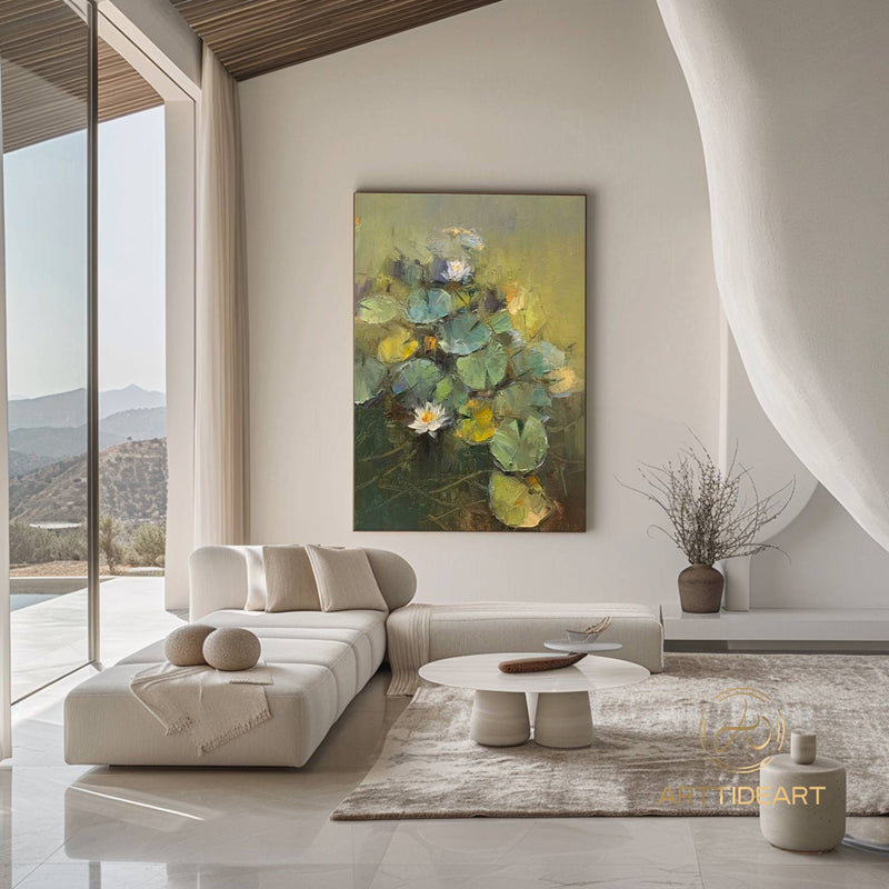 Lotus Flower Paintings On Canvas Large Green oil painting Water Lilies Oil Painting Lotus Oil Painting Wall Decor Gift Texture painting