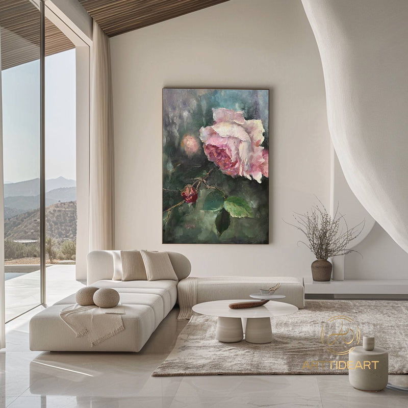 Large Original Rose Flower Oil Painting On Canvas, Abstract Pink Floral Painting, Boho Wall Décor, Custom Painting, Living room Wall Decor