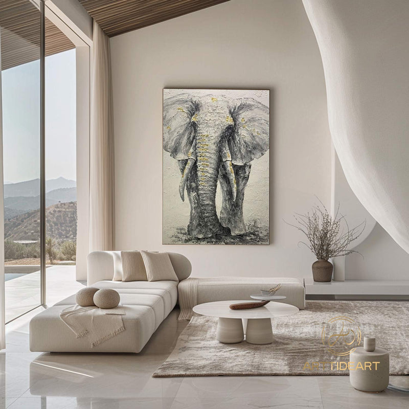 Elephant Original Painting Texture on Canvas, Wabi Sabi Framed Wall Art, POP Art Livingroom Bedroom Decor, Animal Elephant Art Gift For Her