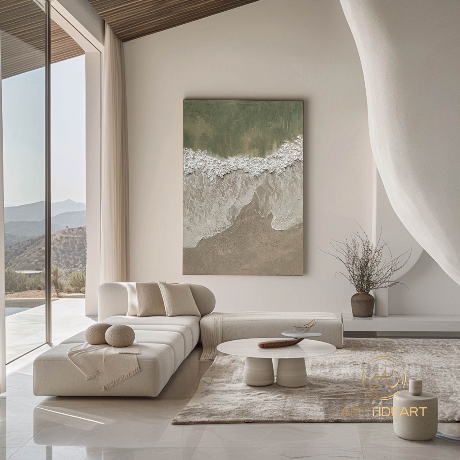 3D Green Minimalist Beach Painting Textured Wall Art Ocean Wave Painting on Canvas Wabi-Sabi Wall Art Living Room Painting Fashion Decor