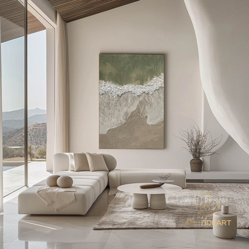 3D Green Minimalist Beach Painting Textured Wall Art Ocean Wave Painting on Canvas Wabi-Sabi Wall Art Living Room Painting Fashion Decor