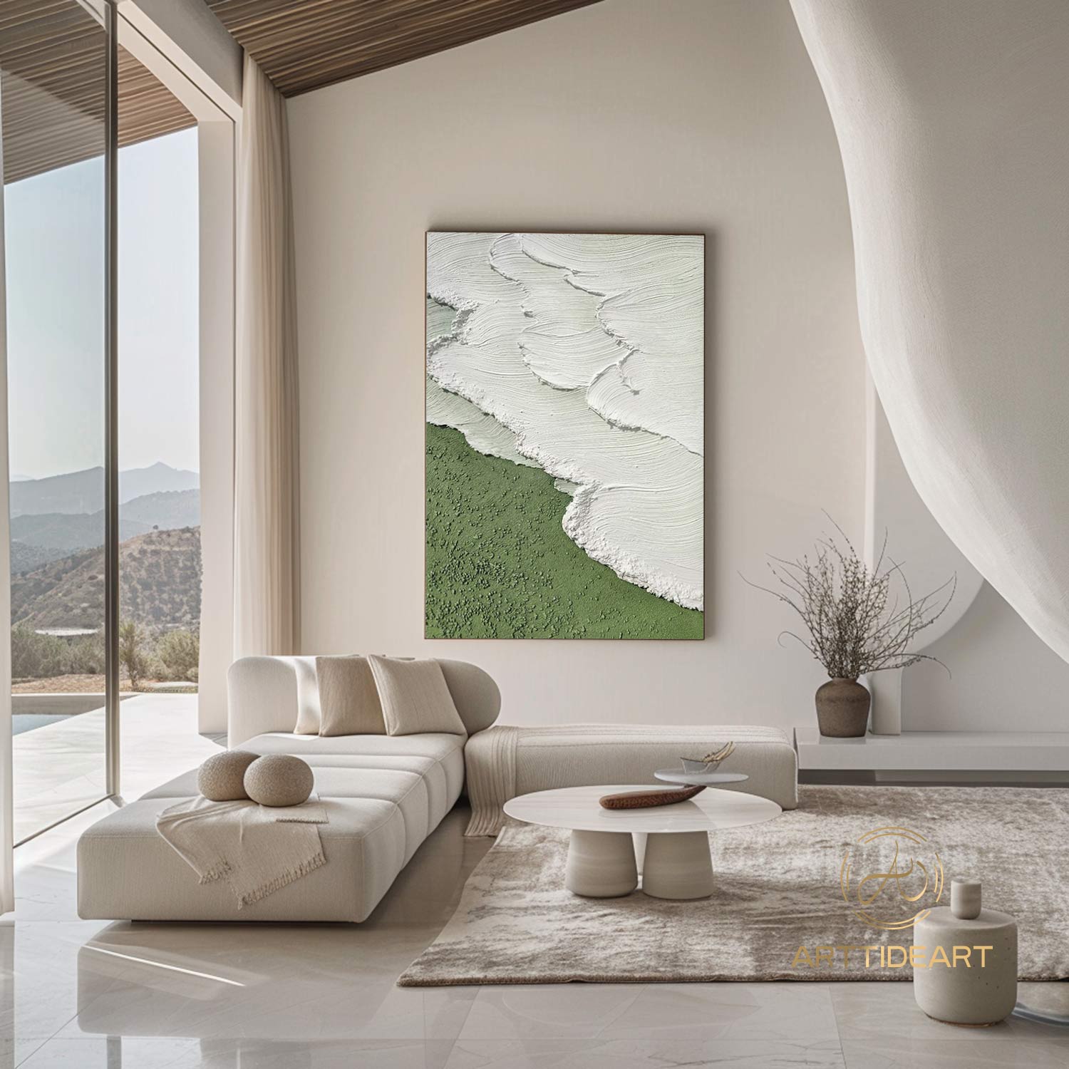 Modern Abstract Wave Paintings Textured Beige Canvas Art Green Beach Wall Art Ocean Wave Art Coastal Seascape Paintings Contemporary Art