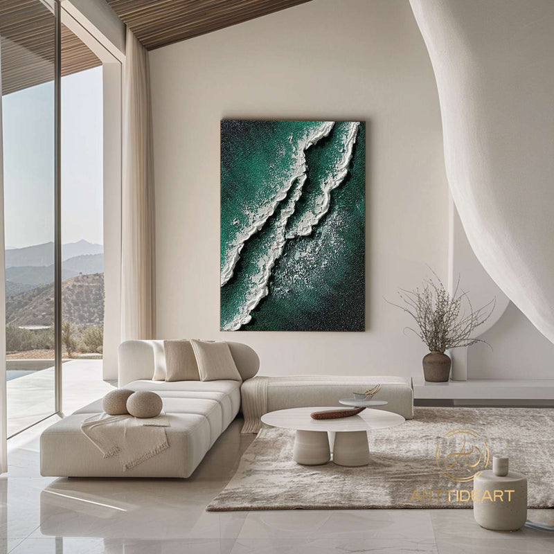 Green Ocean Oil painting Canvas Neutral Tone Wave Art Texture Wall Art Wabi-Sabi Wall Art Fashion Room Living Room Painting Decor