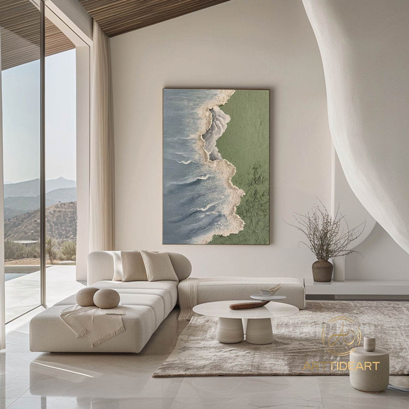 Light Green Sea Waves Beach Textured Painting On Canvas Original Ocean Beach Painting Seascape Wall Art Extra Large Wall Art Decor