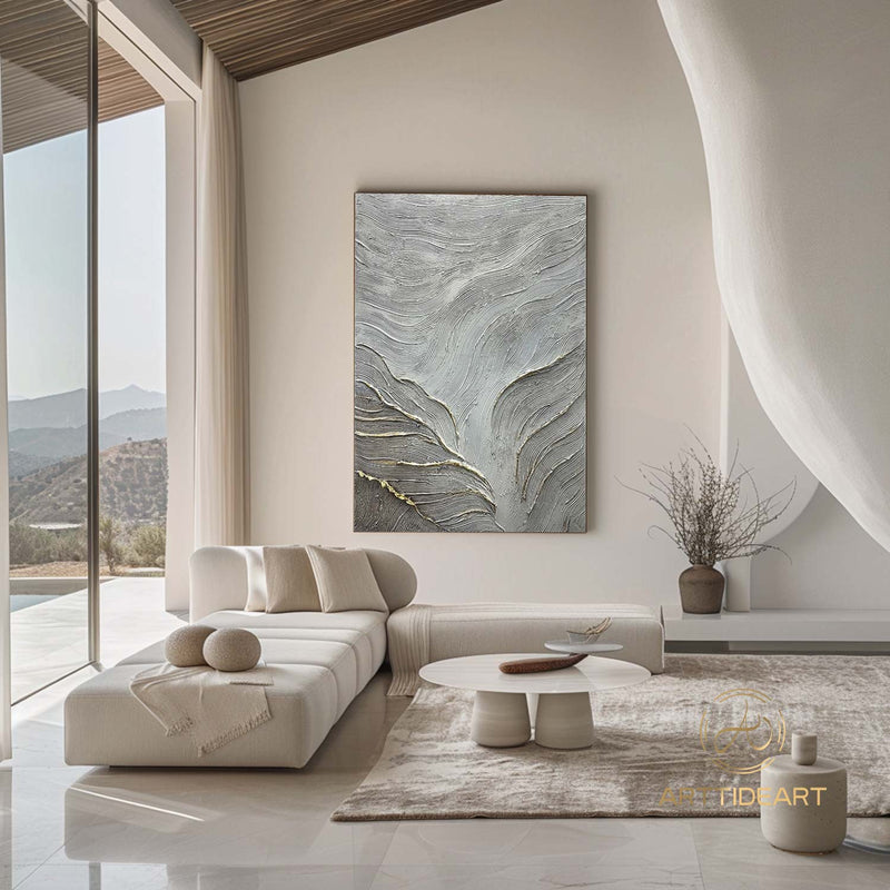 Grey and White Abstract Wall Art Large Grey 3D Texture Painting on Canvas Modern Abstract Painting Gold Texture Wall Art Modern Wall Decor