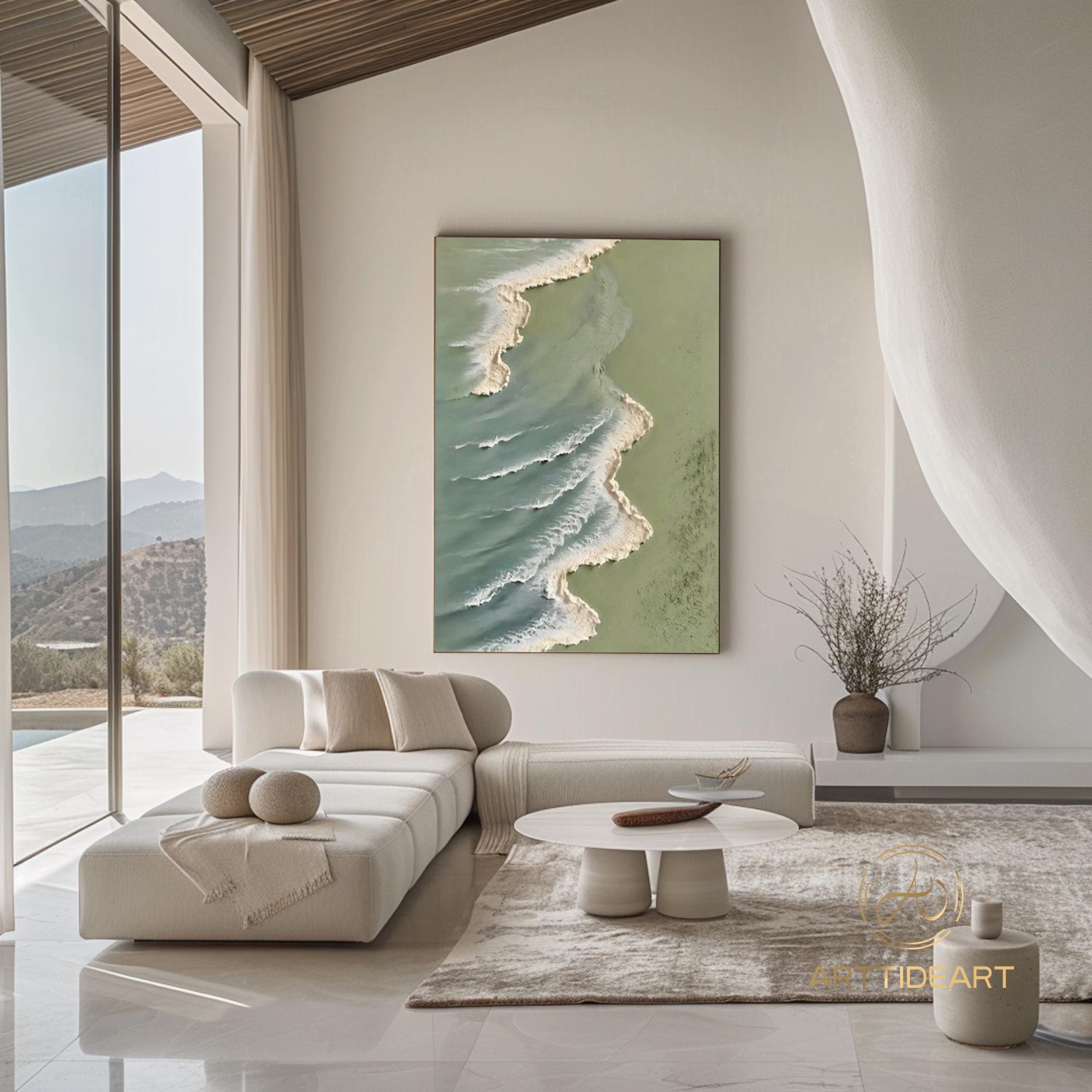 Large 3D Green Textured Ocean Painting,Large Wave Wall Decor,Abstract Sea Wall Art,Coastal Wall Art,Beach Canvas Painting,Green Ocean Art