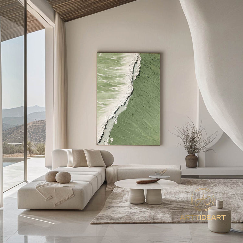 Green 3D Textured Sea Art White Waves Wabi-Sabi Minimalist Canvas Texture Art Beach Painting Mural Ocean Wave Canvas Wabi-Sabi Wall Art