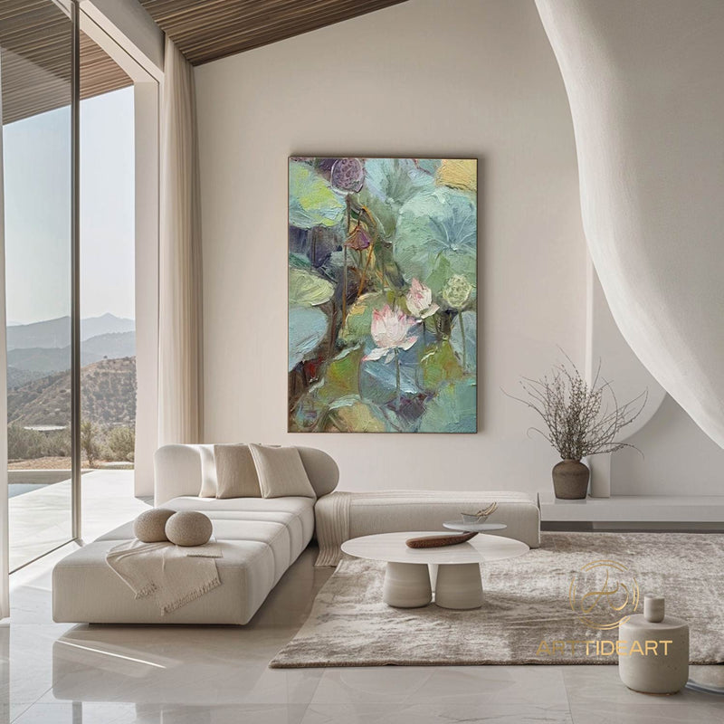 Original Pink Lotus Floral Painting on Canvas Calming Painting Abstract Lotus Zen Art Green Lotus Leaf Art Living Room Wall Art Summer Decor