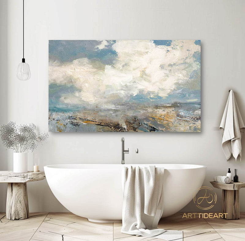 Extra Large Abstract White Cloud Painting,Blue Sky Art Original Seaside Landscape Painting Sky And Sea Art canvas painting for living room