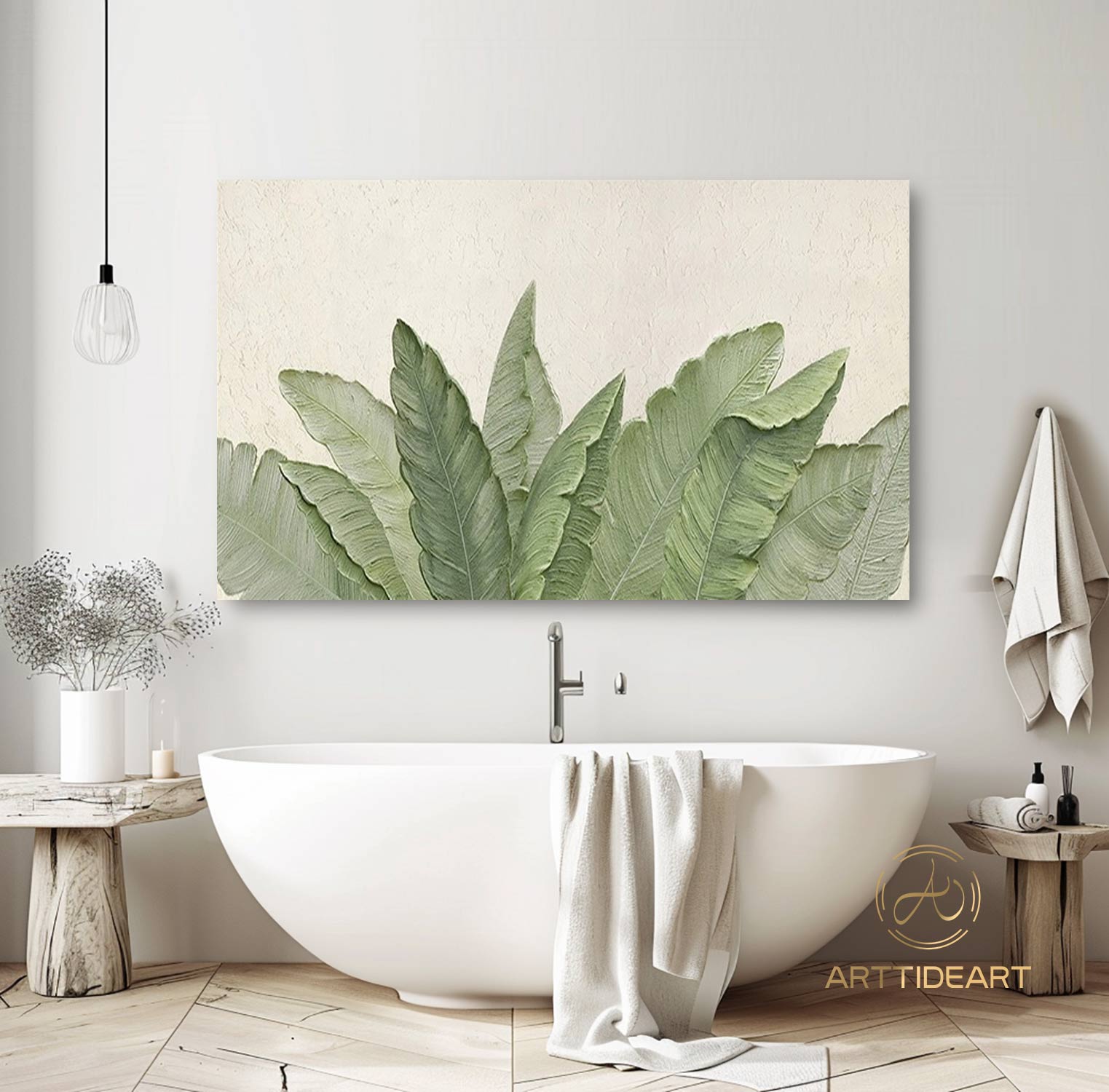 Green Leaf Textured Canvas Art Green Wall Art Framed Minimalist Leaf Landscape Painting 3D Texture Painting Boho Living Room Wall Art Decor