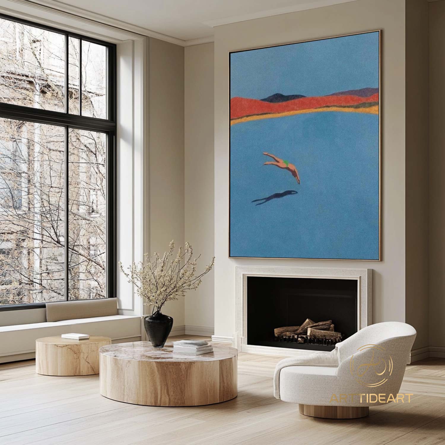 A man diving into the sea blue ocean painting vintage retro painting blue minimalist painting landscape painting holiday style blue wall art