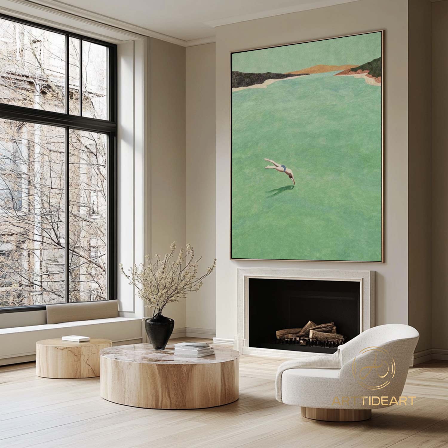 A man diving into the sea green ocean painting vintage retro painting green minimalist painting landscape painting holiday style wall art