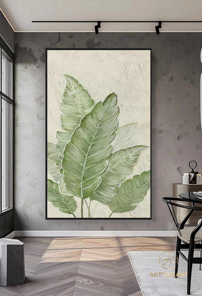 Large Nordic Green Beige abstract wall Green 3D texture painting abstract leaf painting modern living room abstract painting Minimalist Art